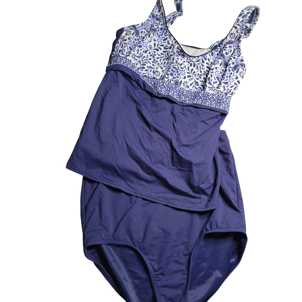 Lands End Womens Navy Floral Paisley Tankini Swimsuit Set 2 Piece Size 12